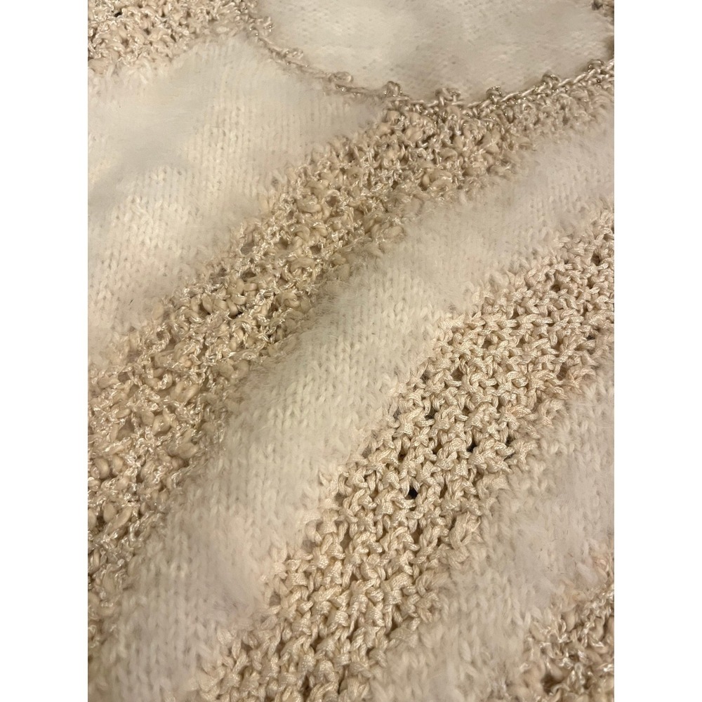 Hand Knitted Cream Gold Metallic Fuzzy Striped Sweater Crop Woolly Weavers Small - Picture 7 of 8